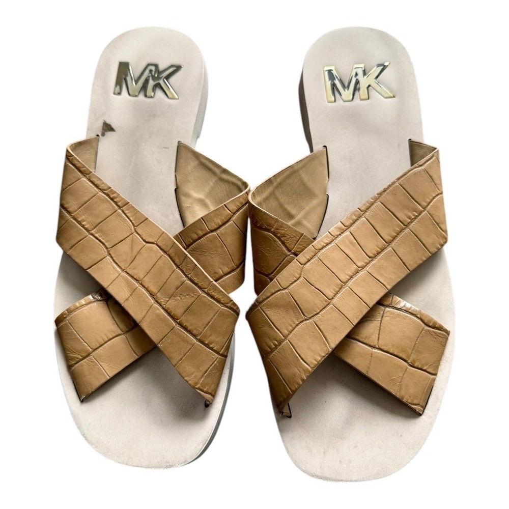 Michael Kors Womens Glenda Slide Sandals Leather Brown Shoes Flats 7M